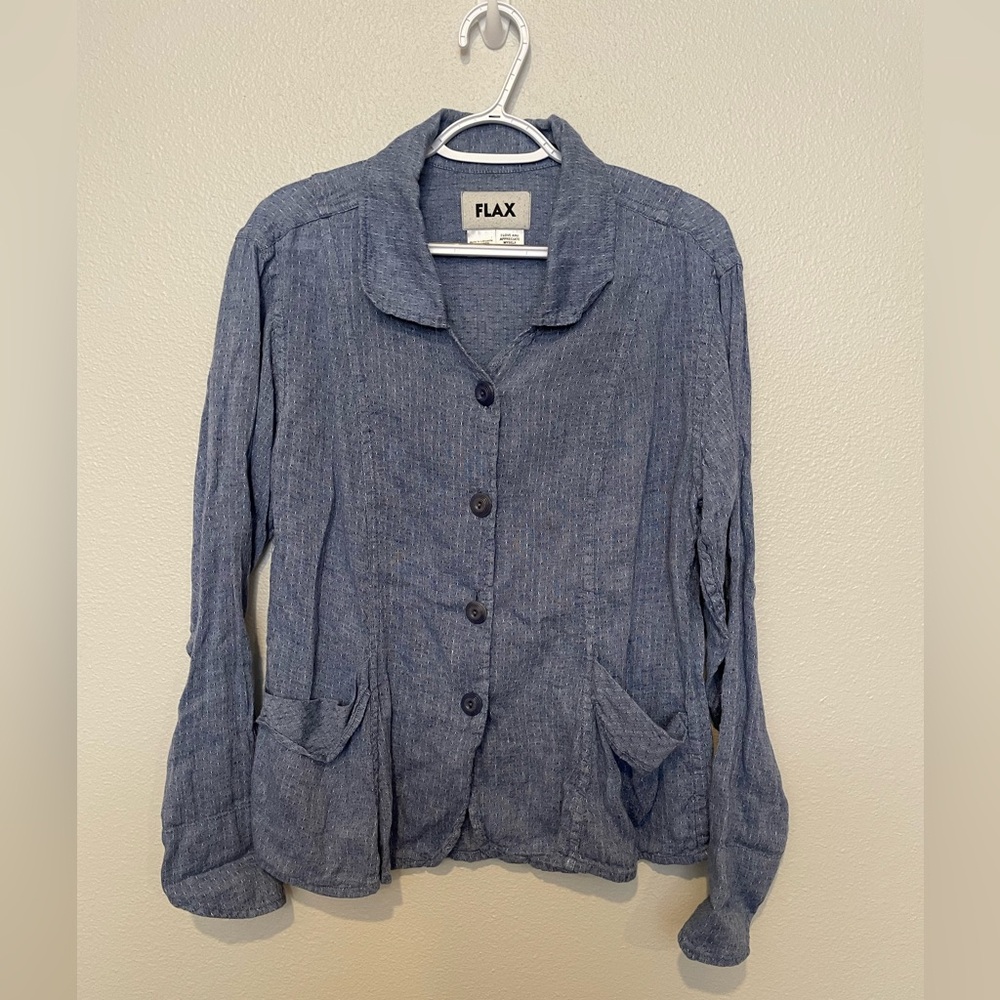 FLAX Womens Size S 100% Linen Light Blue Top Button Up Pockets Lagenlook